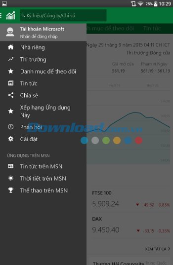 Menu ứng dụng MSN Money Menu ứng dụng MSN Money