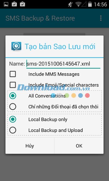 Tính năng sao lưu của SMS Backup & Restore