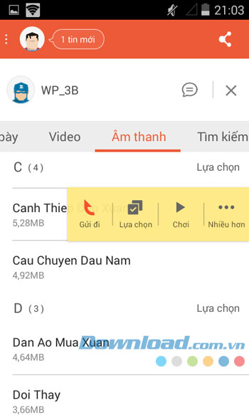 Các lựa chọn chia sẻ của Zapya cho Android