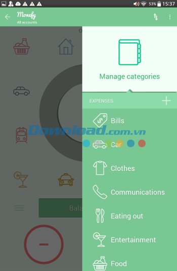 Quản lý khoản mục trên Monefy cho Android