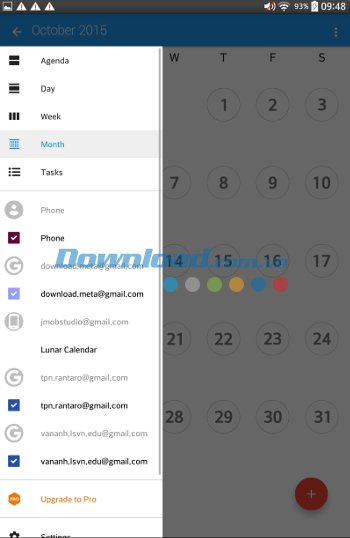 Menu ứng dụng CloudCal for Android