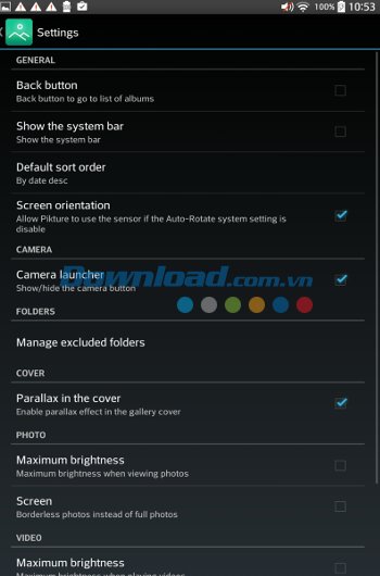 Các cài đặt chính của Piktures cho Android