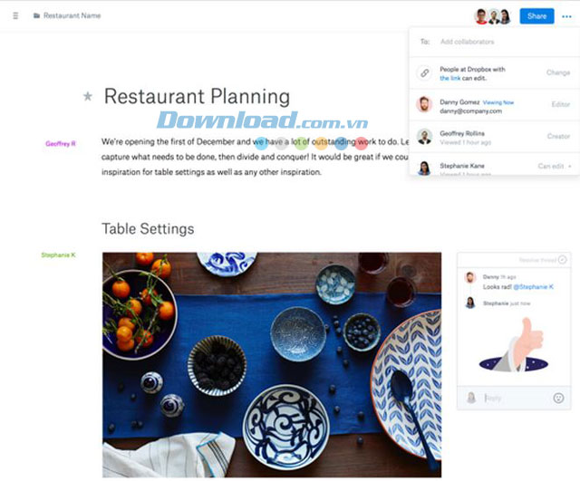 Giao diện chính của Dropbox Paper