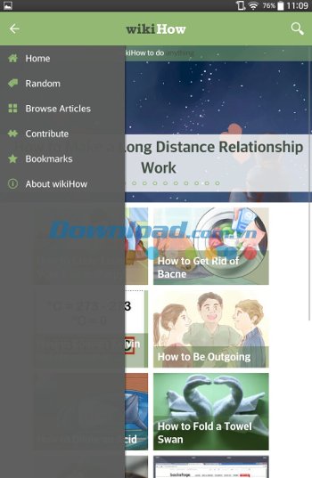 Menu ứng dụng wikiHow cho Android 