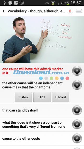 10000 Videos Learning IELTS hiển thị phụ đề của từng video