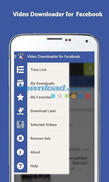 Menu ứng dụng Video Downloader for Facebook 
