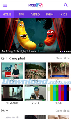 Giao diện chính của ứng dụng MobiTV
