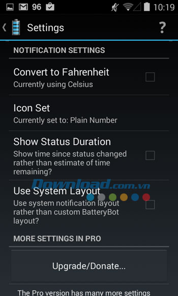 Các cài đặt chính của BatteryBot Battery Indicator