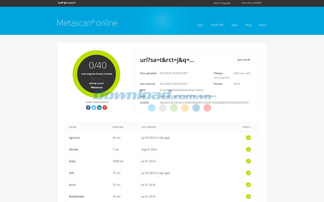 Giao diện của Metascan Online cho Chrome