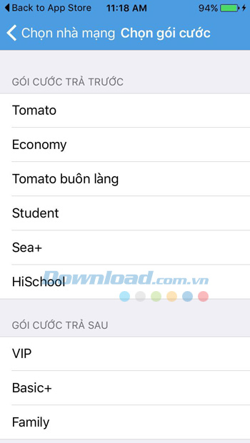 Chọn gói cước đang sử dụng