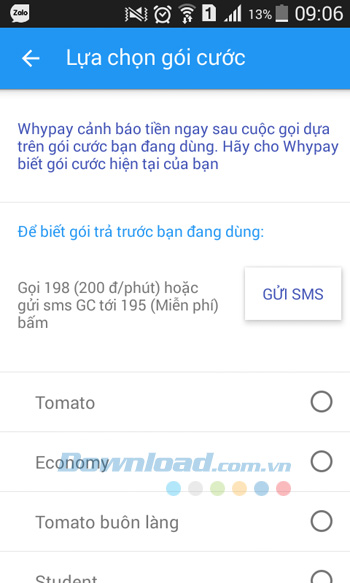 Lựa chọn gói cước đang sử dụng