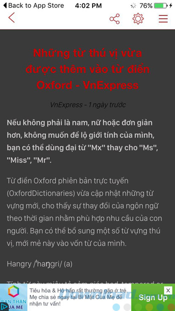 Chế độ đọc ban đêm trong ứng dụng Tin mới 24h