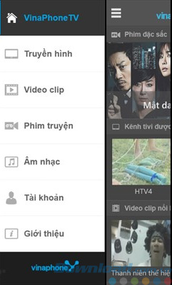 Danh mục chính của ứng dụng VinaPhone TV