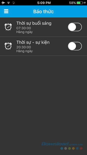 Tính năng báo thức trong ứng dụng VinaPhone TV