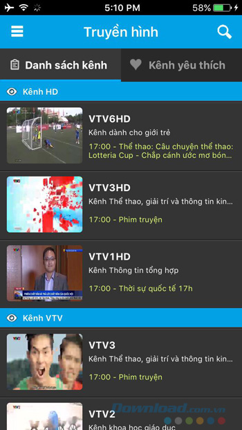 Các kênh truyền hình trong ứng dụng VinaPhone TV