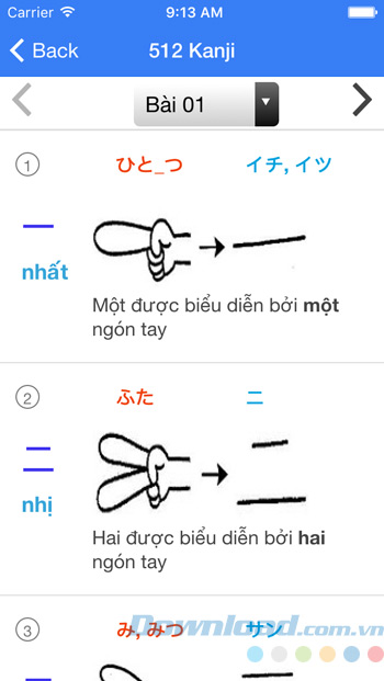 512 bài Kanji trong ứng dụng Học tiếng Nhật Mina