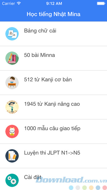 Giao diện chính của ứng dụng Học tiếng Nhật Mina