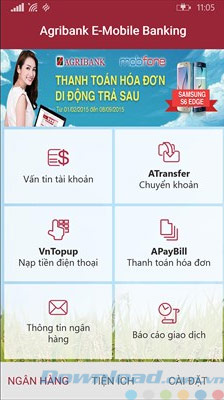 Danh mục của ứng dụng Agribank E-Mobile Banking