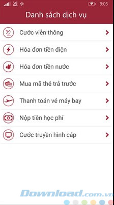 Danh sách các dịch vụ trong ứng dụng Agribank E-Mobile Banking