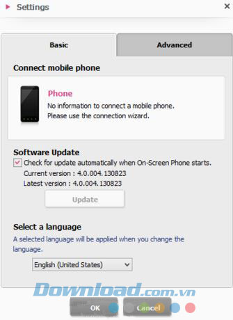 Lựa chọn cài đặt của LG On-Screen Phone
