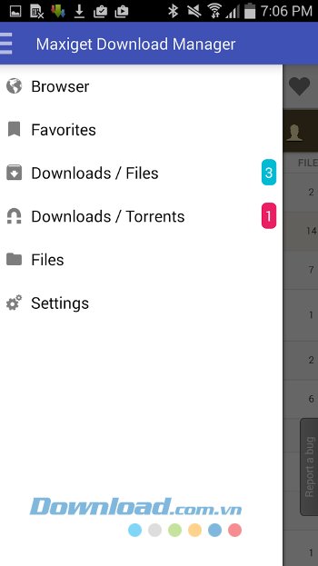 Menu ứng dụng Fast Download Manager 