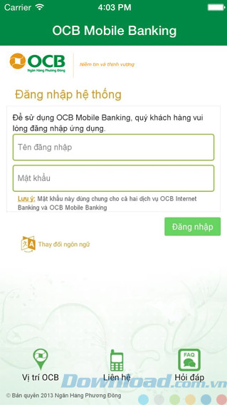 Đăng nhập OCB Mobile Banking