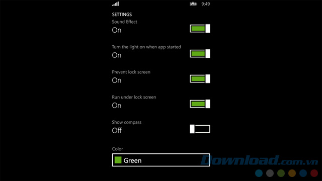 Các cài đặt của Perfect FlashLight cho Windows Phone