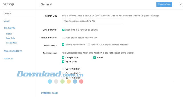 Các lựa chọn cài đặt của iChrome