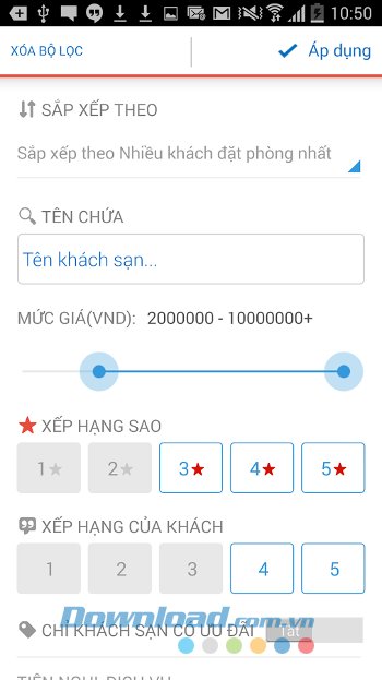 Các bộ lọc của Hotels.com