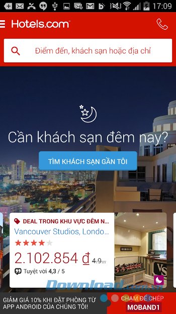 Giao diện ứng dụng Hotels.com