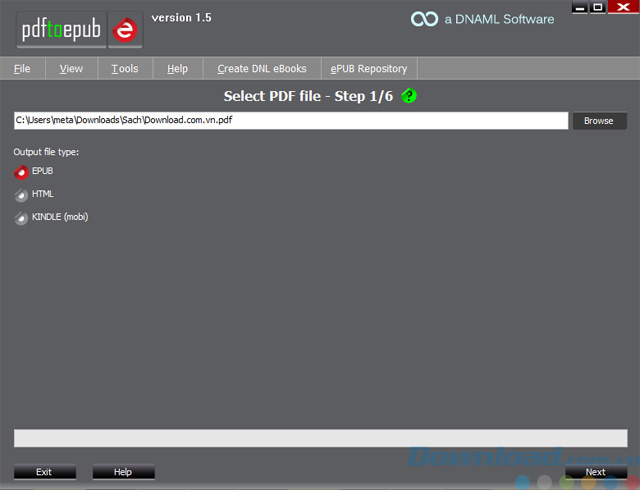 Giao diện của PDF to ePub