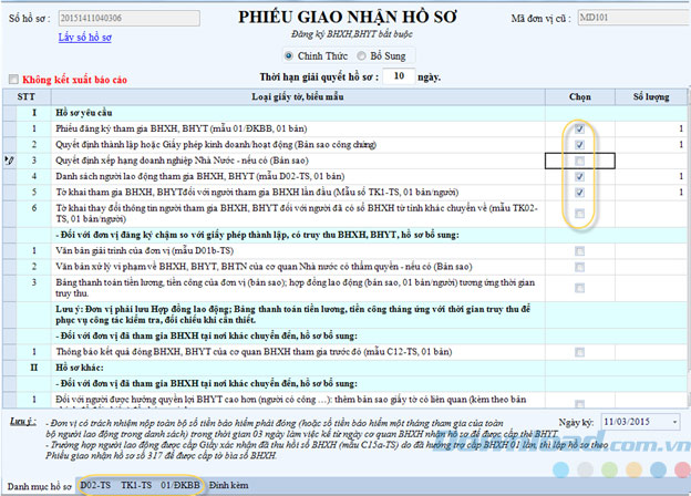 Phiếu giao nhận hồ sơ bảo hiểm xã hội