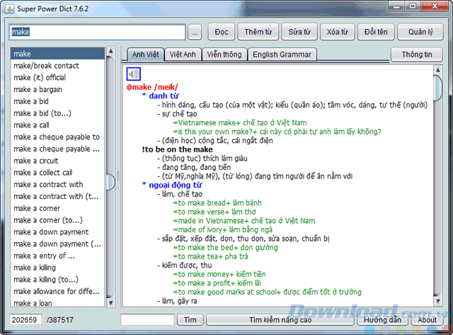 Giao diện của từ điển Anh Việt Super Power Dict for Java