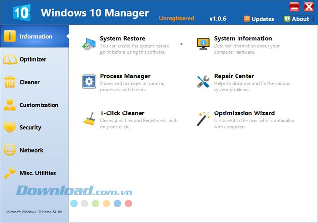 Giao diện phần mềm tinh chỉnh Windows 10