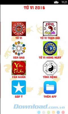 Giao diện chính của ứng dụng Tử vi 2016