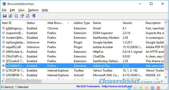 Giao diện phần mềm BrowserAddonsView
