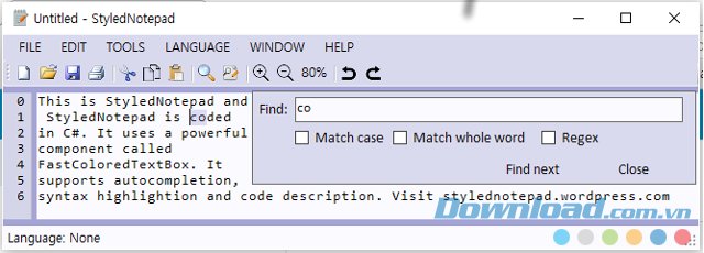 StyledNotepad có tính năng tìm kiếm code
