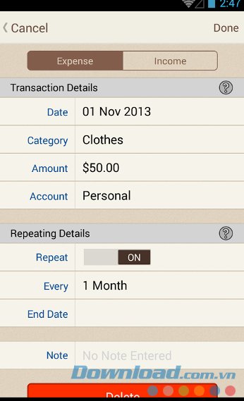 Spending Tracker với giao diện chi tiết khoản giao dịch 