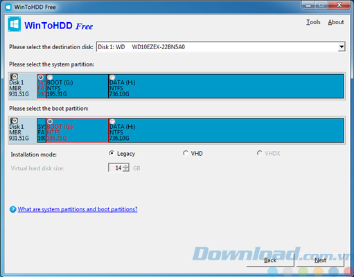 WinToHDD: Công cụ cài đặt Windows không cần USB hay DVD dễ dàng và nhanh chóng. https://st.download.com.vn/data/image/2016/03/23/WinToHDD-chon-phan-vung.jpg