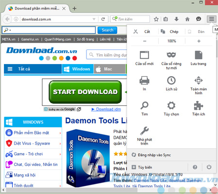Menu của Mozilla Firefox tiếng Việt