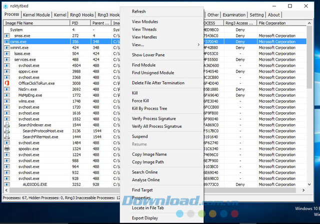 Các lựa chọn khi click chuột phải