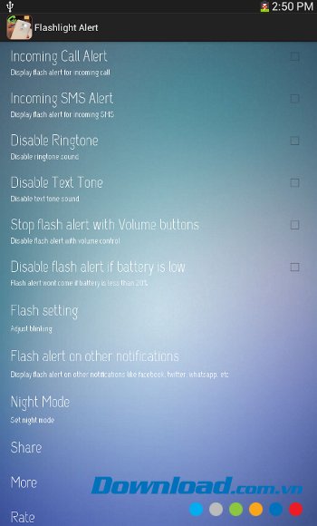 Flash Light Alerts với giao diện mà hình chính 