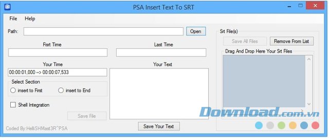 PSA Insert Text to SRT với giao diện màn hình chính 