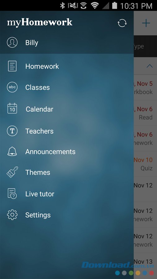 myHomework với giao diện danh sách tính năng 