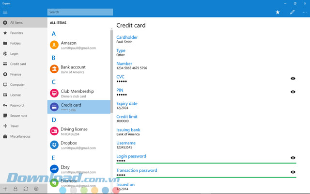 Giao diện ứng dụng Enpass cho Windows 10
