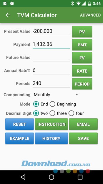Giao diện tính toán của Financial Calculators 