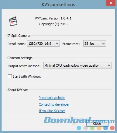 KVYcam với cài đặt 