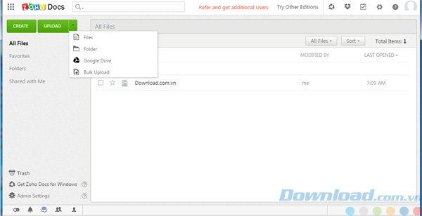 Giao diện chính của Zoho Docs