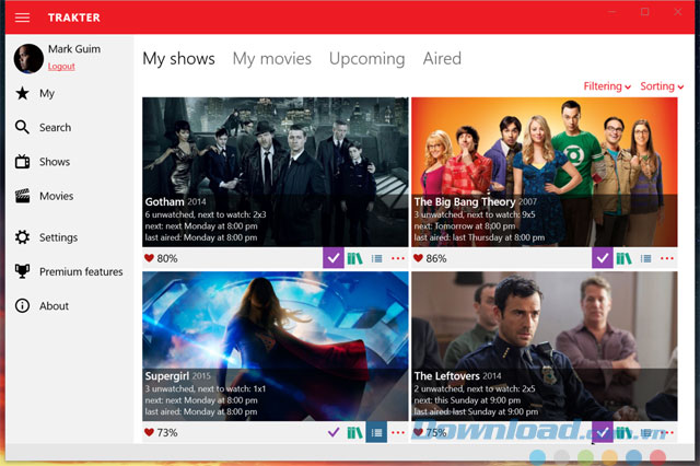Giao diện ứng dụng Trakter