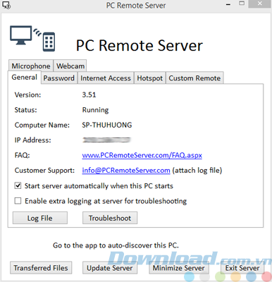 Giao diện của PC Remore Server